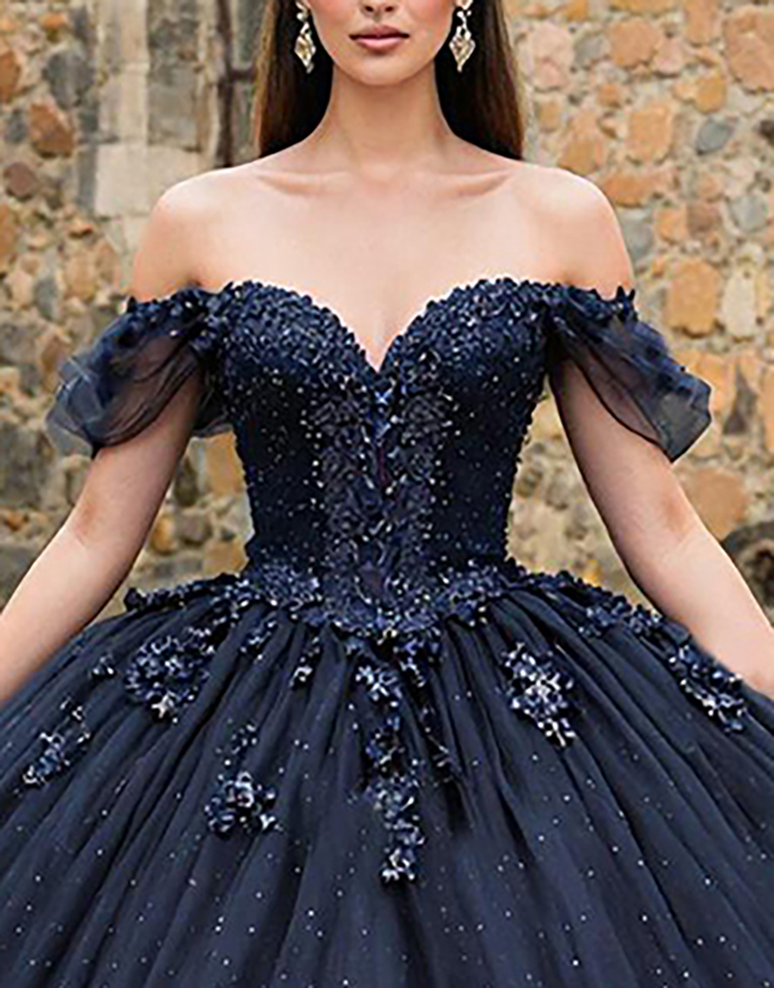 Sparkly Navy Tulle Off the Shoulder Princess Quinceanera Dress with Beading