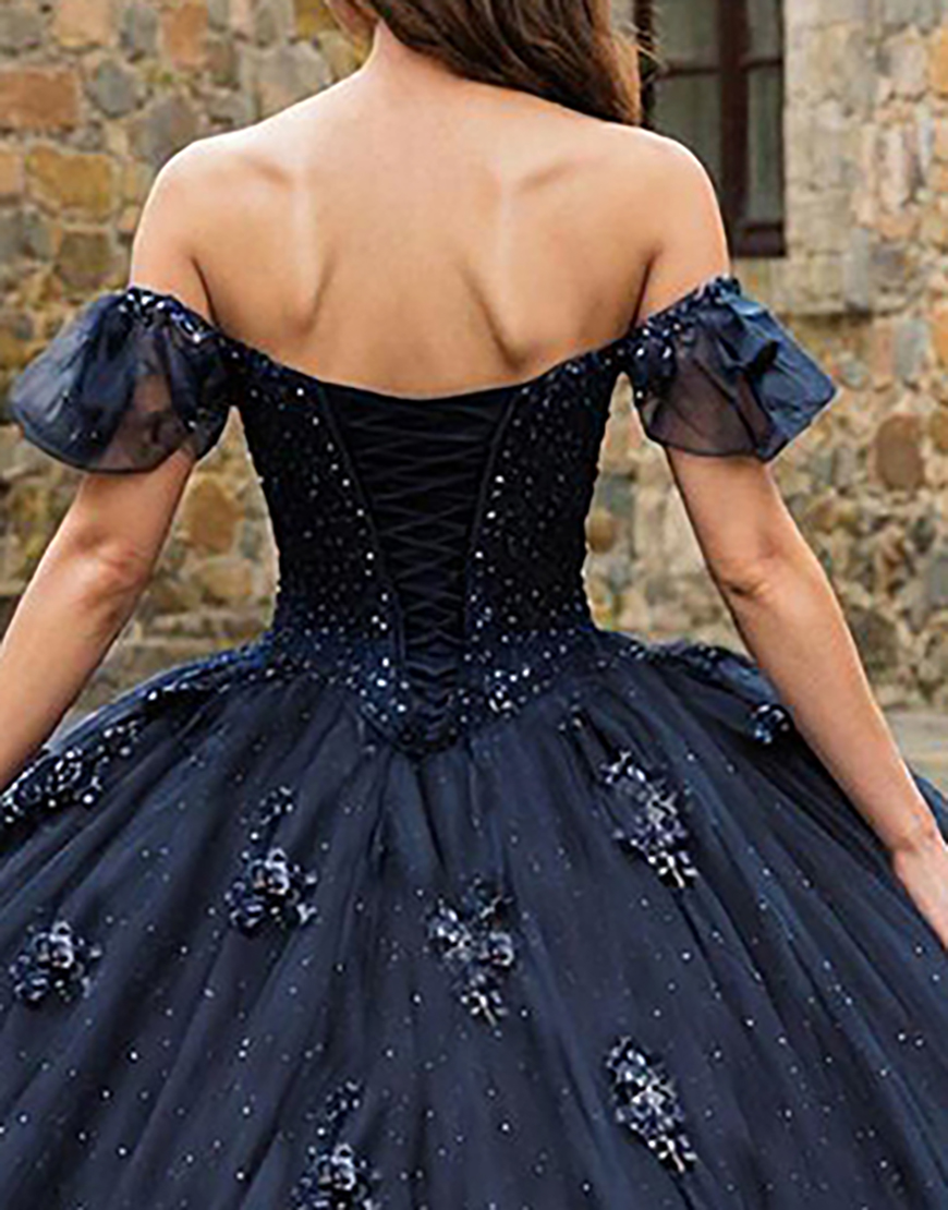 Sparkly Navy Tulle Off the Shoulder Princess Quinceanera Dress with Beading