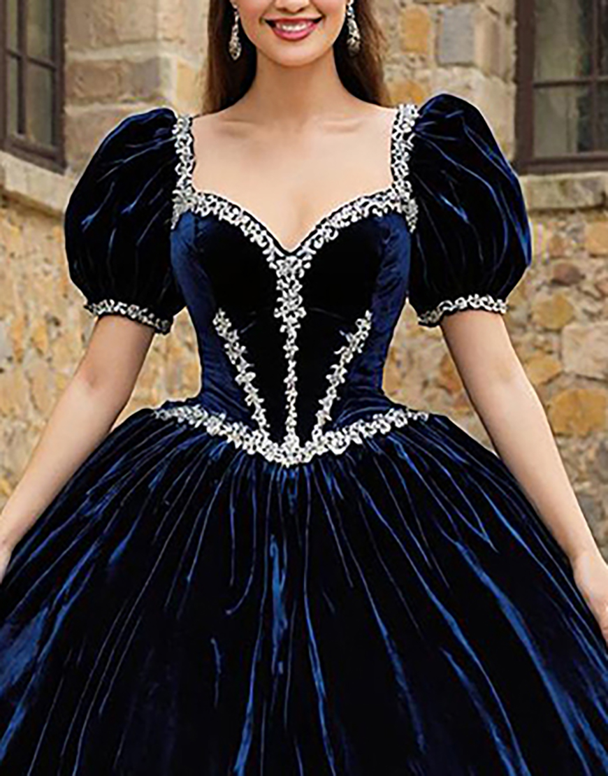 Navy Sweetheart Velvet Puff Sleeves Princess Quinceanera Dress with Appliques