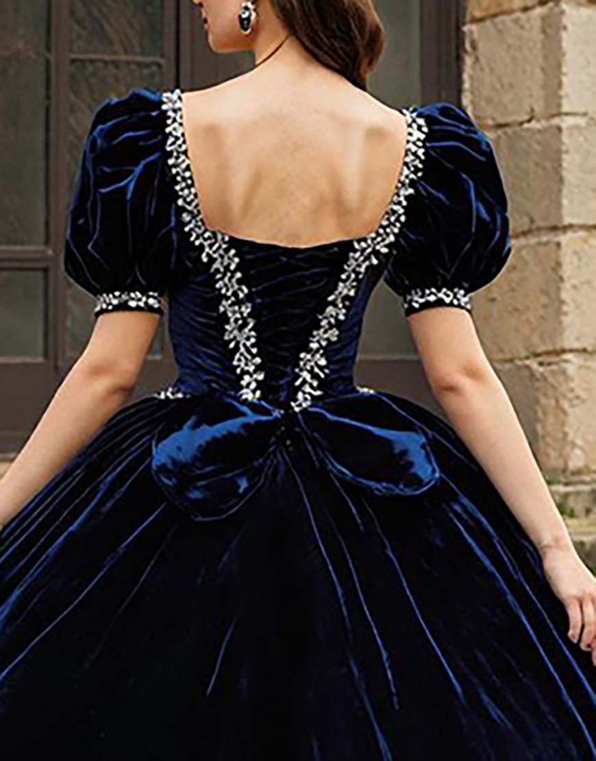 Navy Sweetheart Velvet Puff Sleeves Princess Quinceanera Dress with Appliques