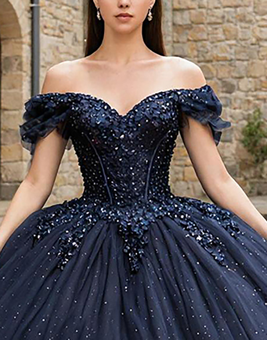 Sparkly Navy Off the Shoulder Princess Corset Appliqued Tulle Quinceanera Dress with Beading