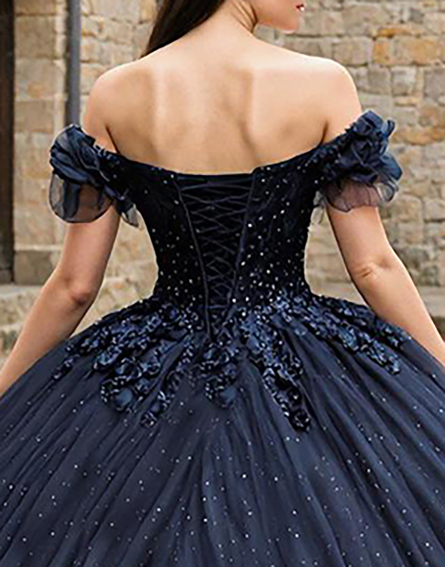 Sparkly Navy Off the Shoulder Princess Corset Appliqued Tulle Quinceanera Dress with Beading