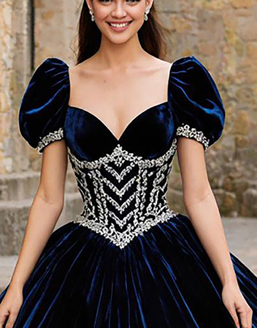Navy Velvet Puff Sleeves Sweetheart Princess Quinceanera Dress with Appliques