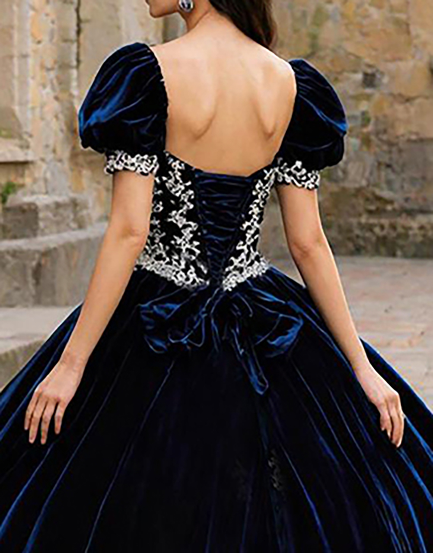 Navy Velvet Puff Sleeves Sweetheart Princess Quinceanera Dress with Appliques