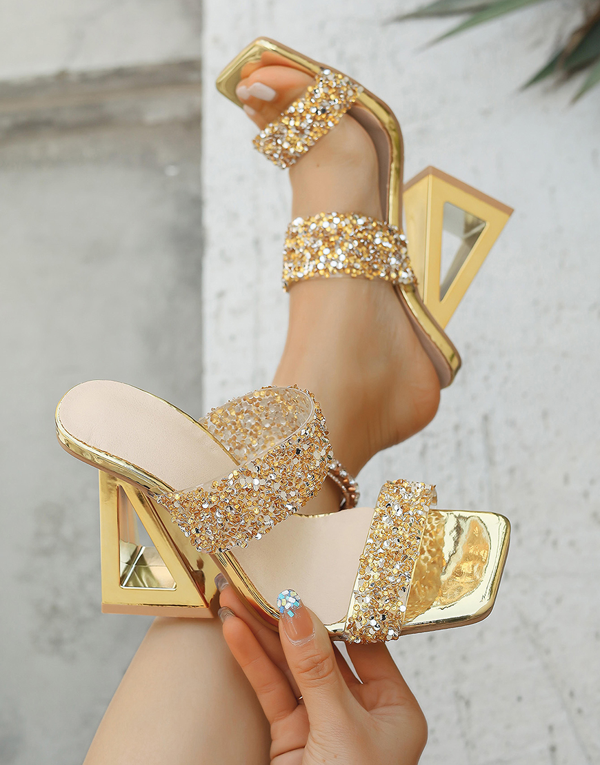 Sparkly Double Strap Golden Chunky Heel Sandals