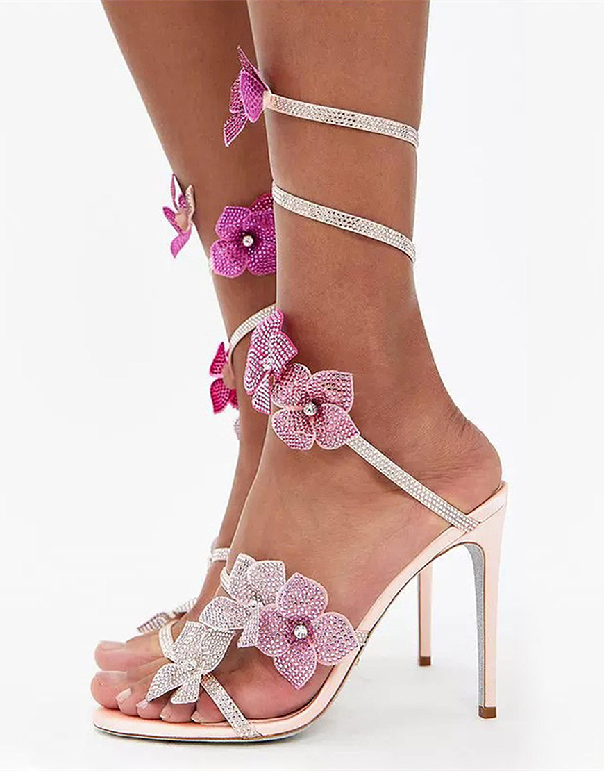 Pink Flowers Glitter Beaded Wrap Up Strappy Gladiator High Heeled Sandals