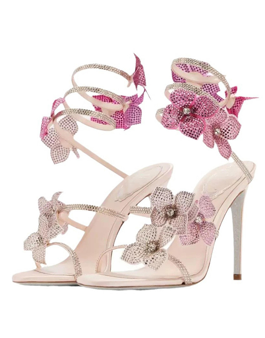 Pink Flowers Glitter Beaded Wrap Up Strappy Gladiator High Heeled Sandals