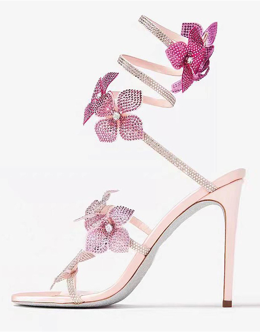 Pink Flowers Glitter Beaded Wrap Up Strappy Gladiator High Heeled Sandals