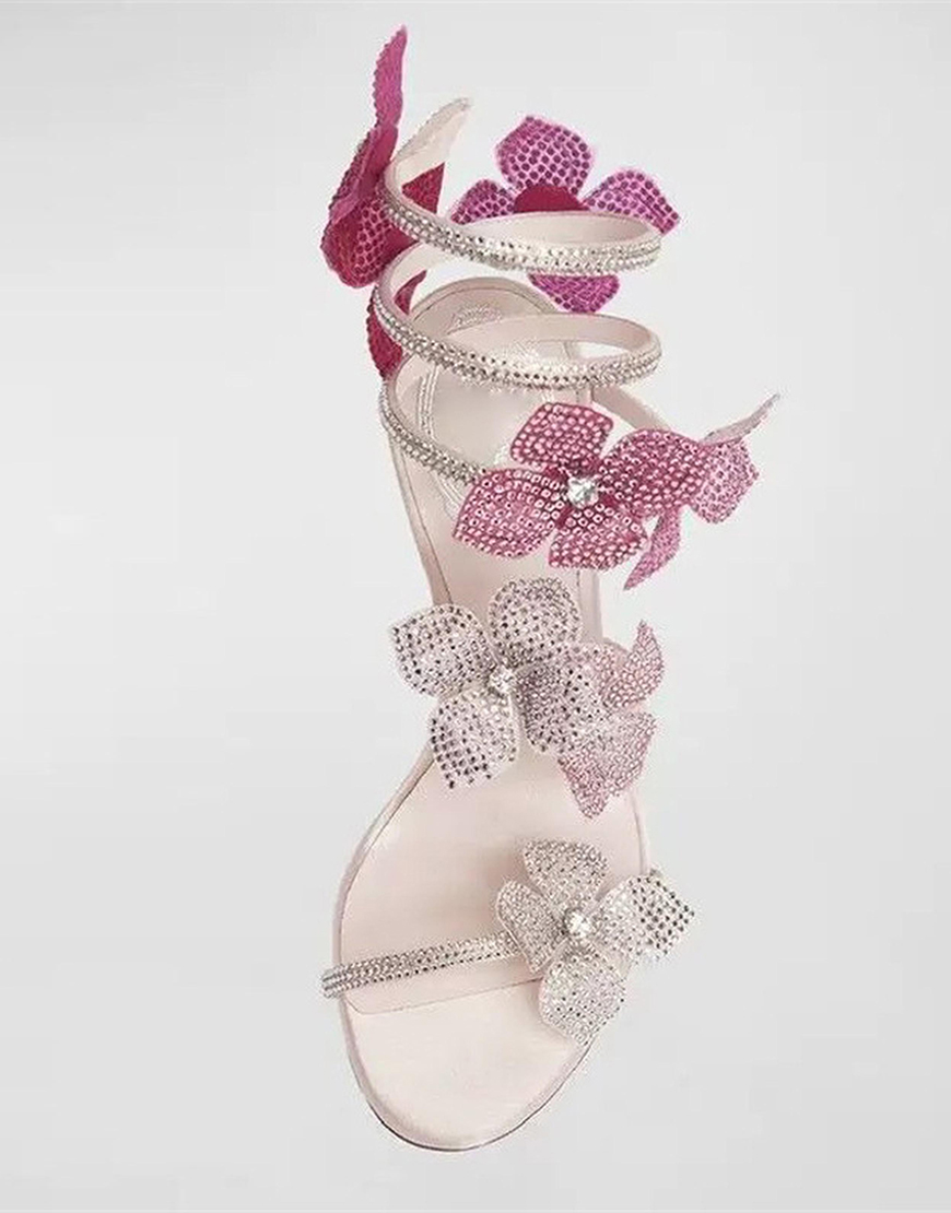 Pink Flowers Glitter Beaded Wrap Up Strappy Gladiator High Heeled Sandals