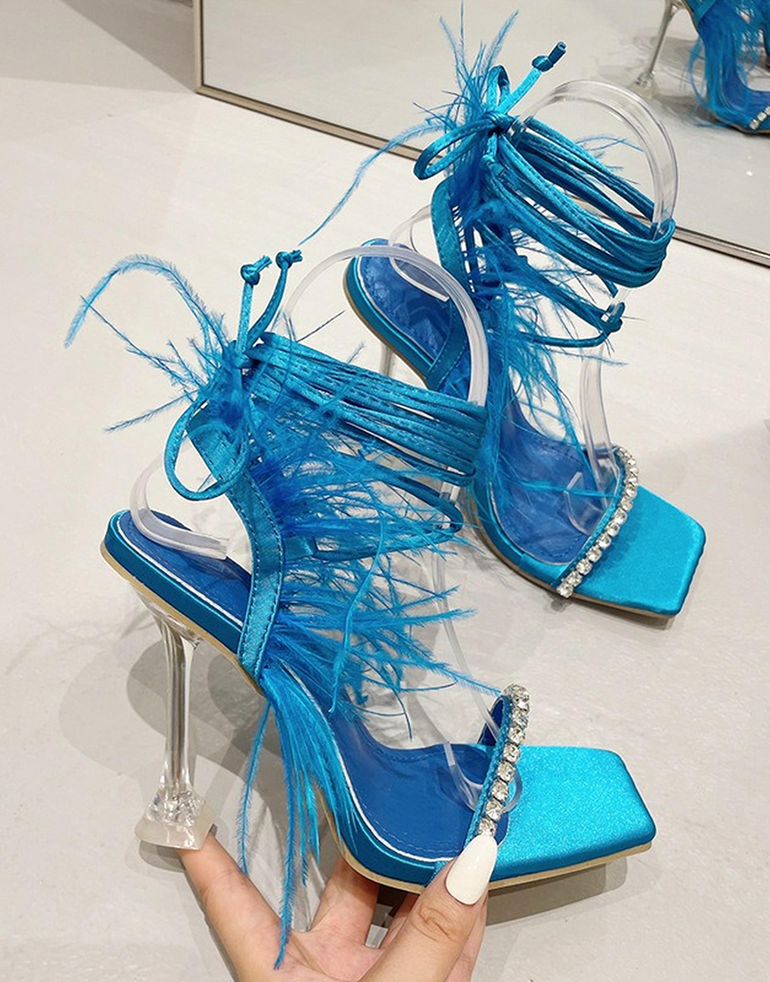 Fuchsia Gladiator Stiletto Strappy High Heel Sandals with Feather