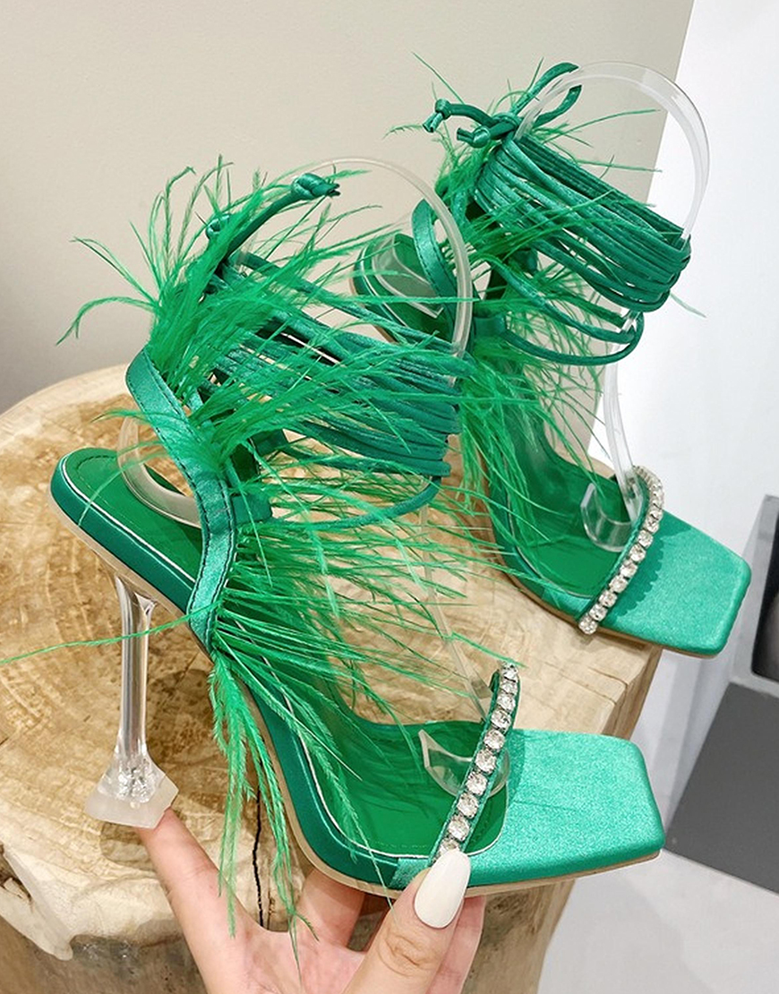 Fuchsia Gladiator Stiletto Strappy High Heel Sandals with Feather