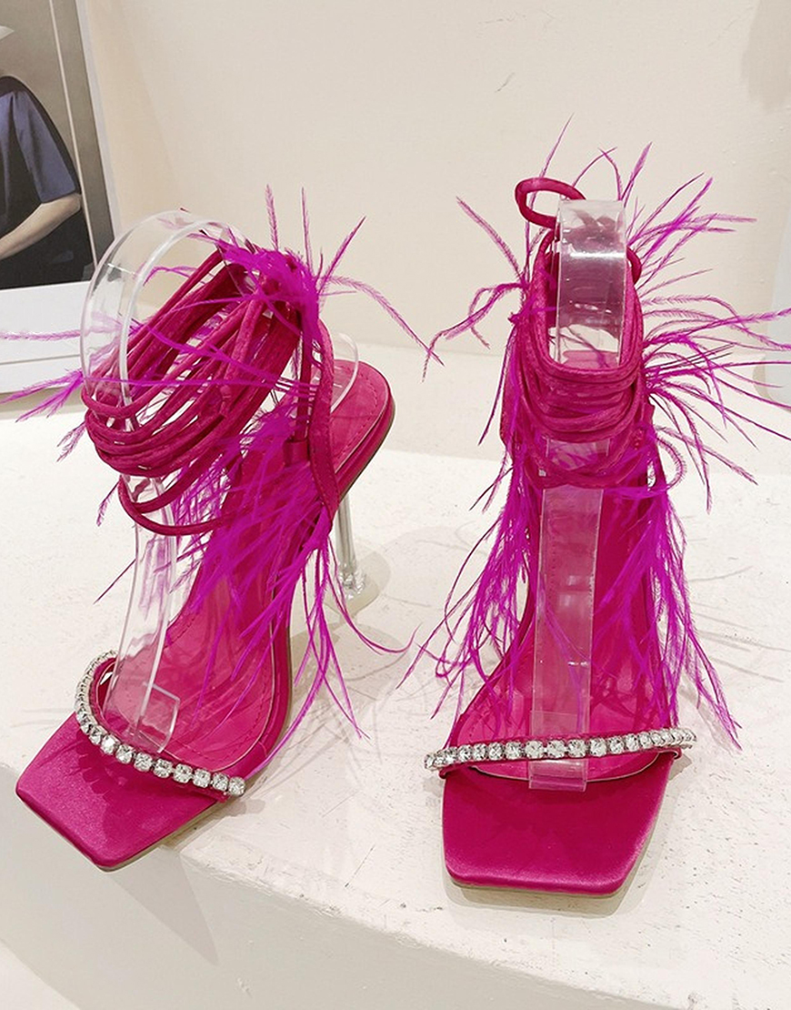 Fuchsia Gladiator Stiletto Strappy High Heel Sandals with Feather