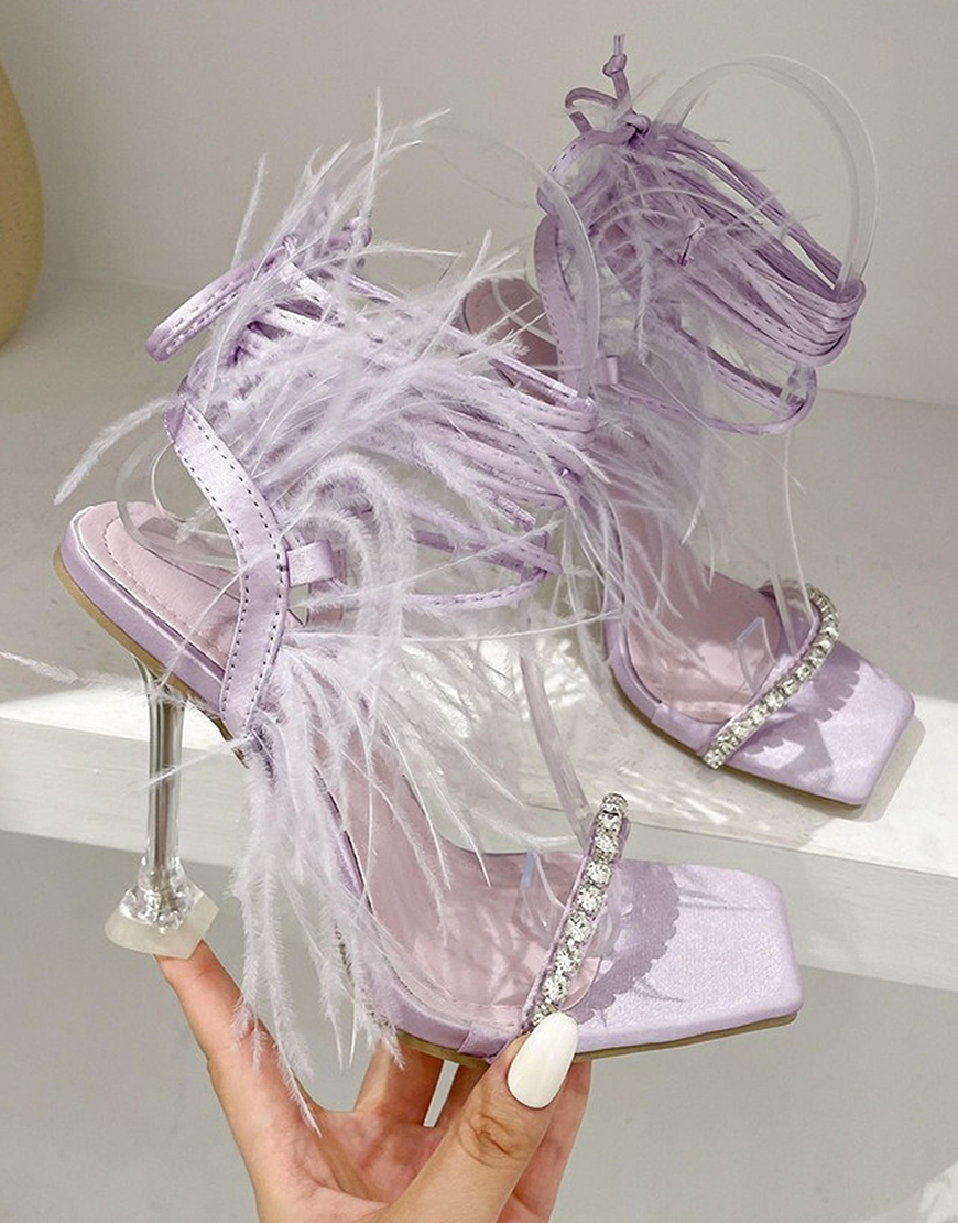 Fuchsia Gladiator Stiletto Strappy High Heel Sandals with Feather