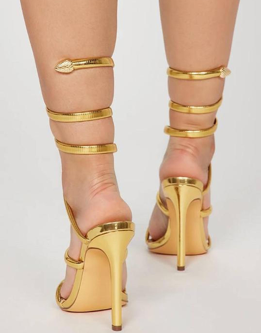 Sparkly Golden Gladiator High Heeled Wrap Up Strappy Sandals for Party