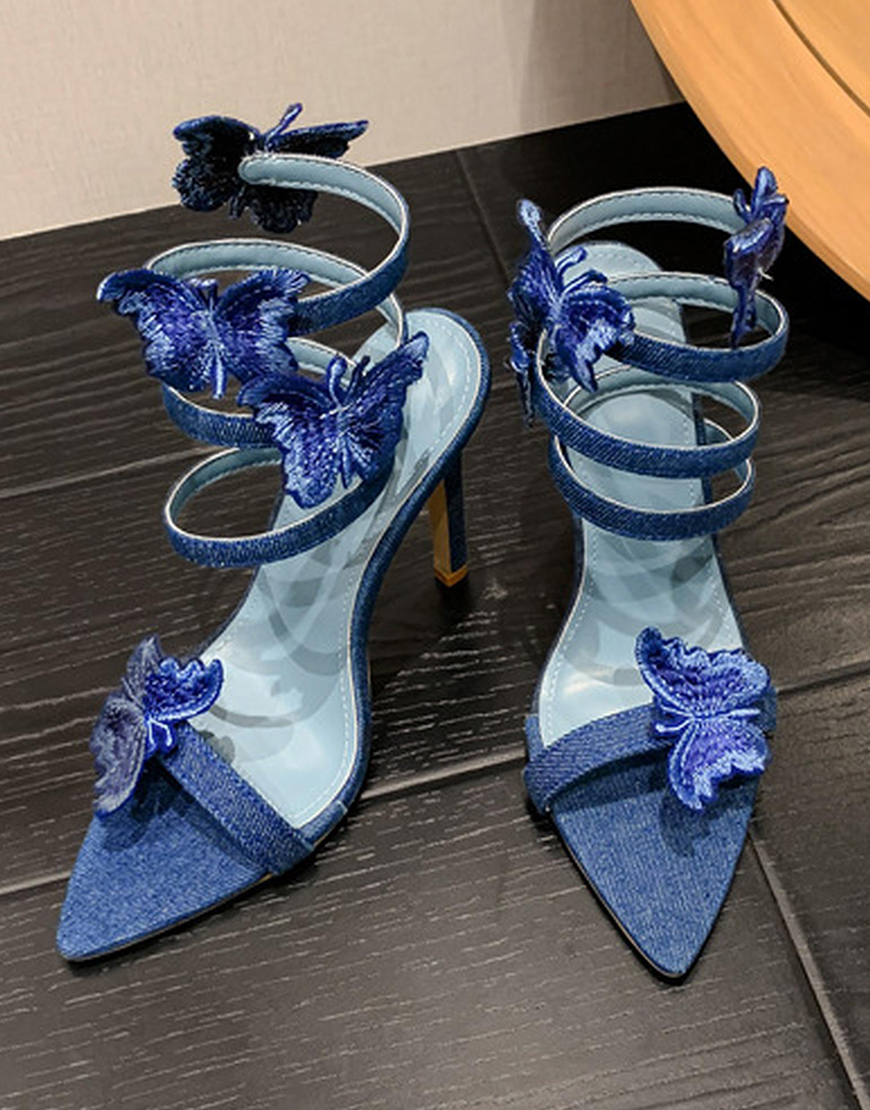 Blue Gladiator Wrap Up Strappy Stiletto High Heel Sandals with Butterfly