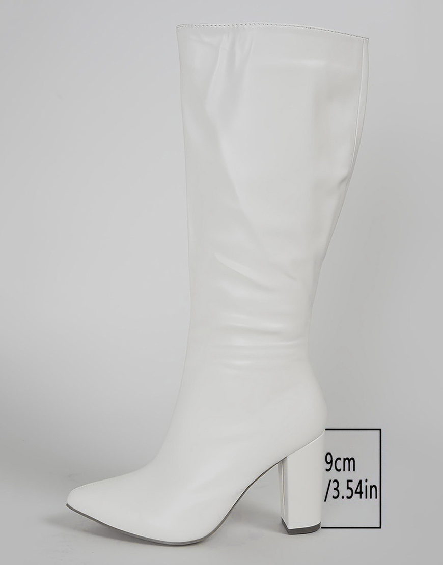 White Go Go Pointed Toe Knee High Chunky Heel Boots