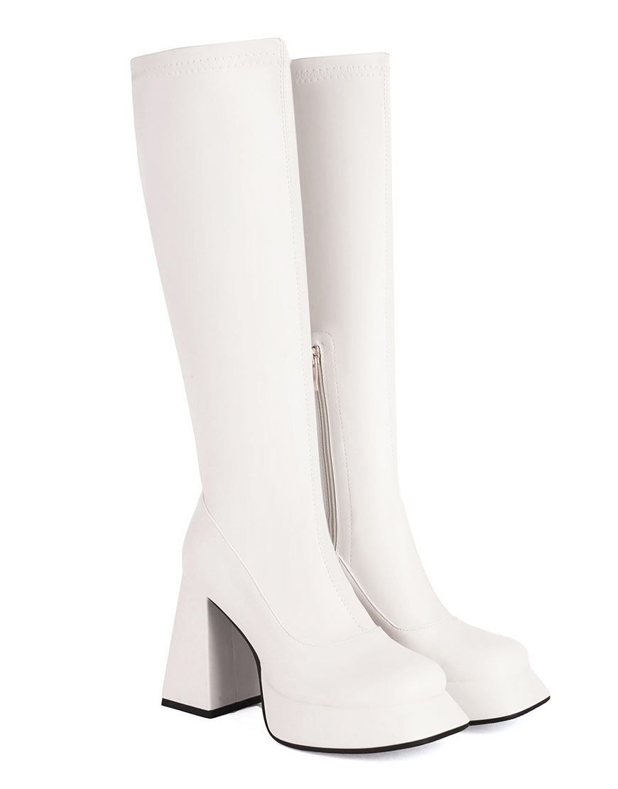 Black Go Go Knee High Square Toe Chunky Platform Heel Boots