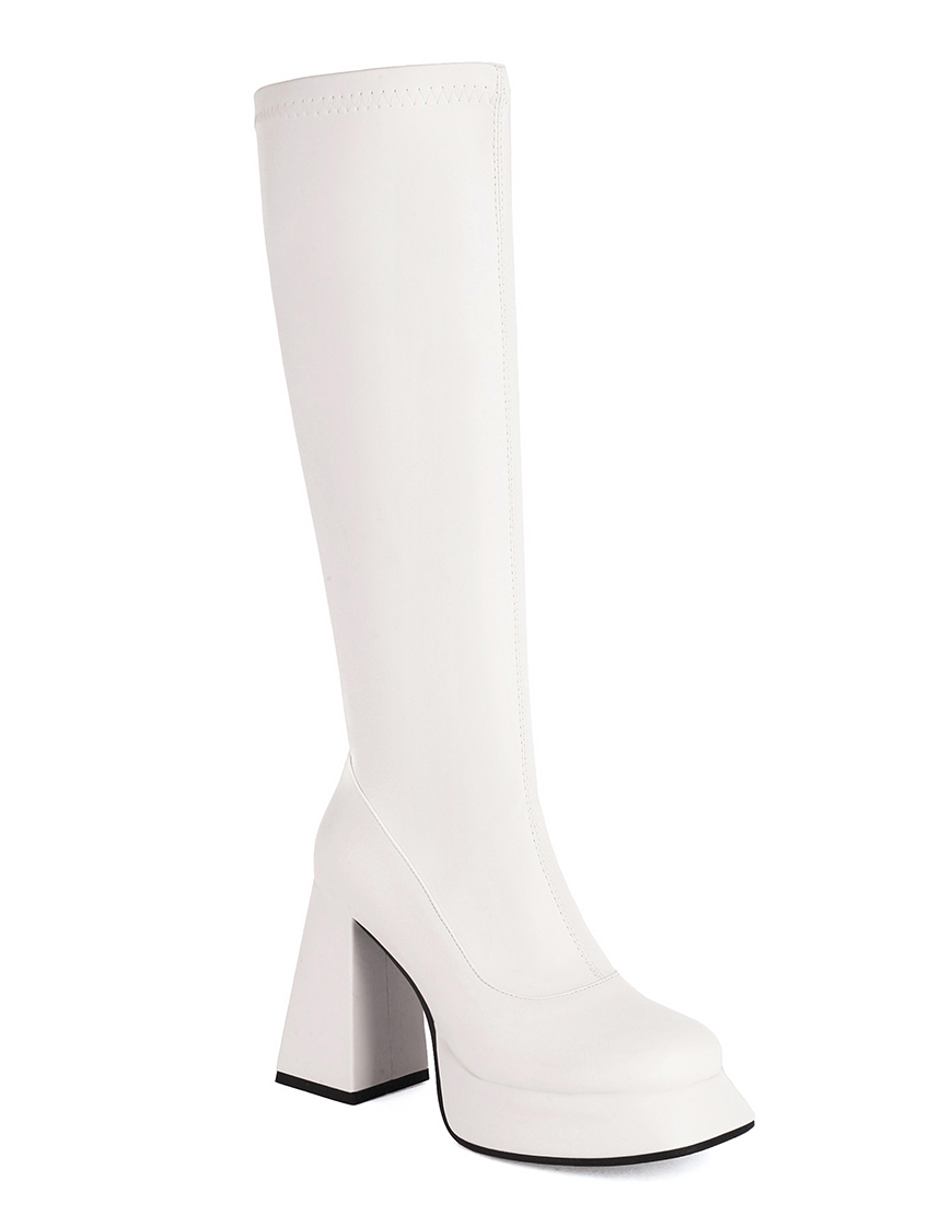 Black Go Go Knee High Square Toe Chunky Platform Heel Boots