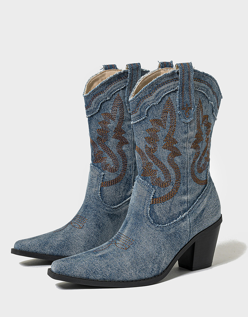 Light Blue Embroidered Mid Calf Chunky Heel Cowgirl Boots