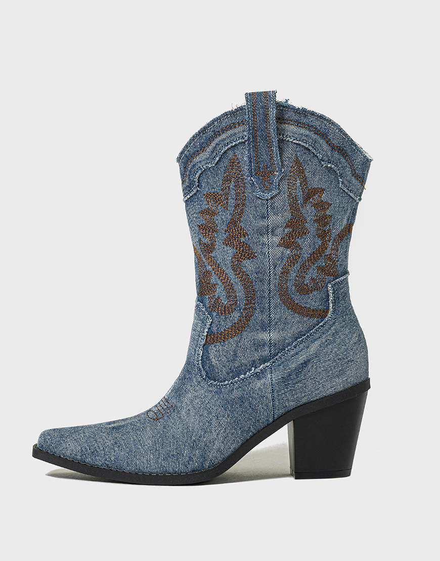 Light Blue Embroidered Mid Calf Chunky Heel Cowgirl Boots