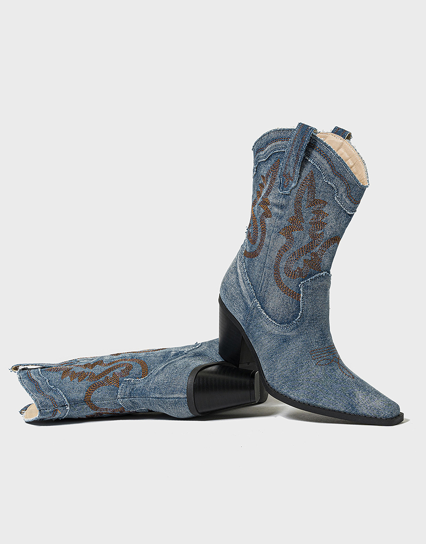 Light Blue Embroidered Mid Calf Chunky Heel Cowgirl Boots