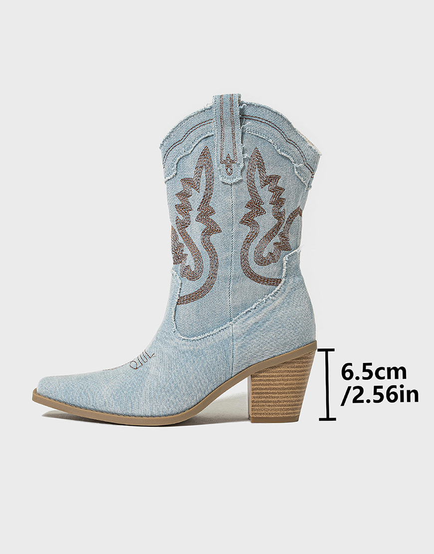 Light Blue Embroidered Mid Calf Chunky Heel Cowgirl Boots