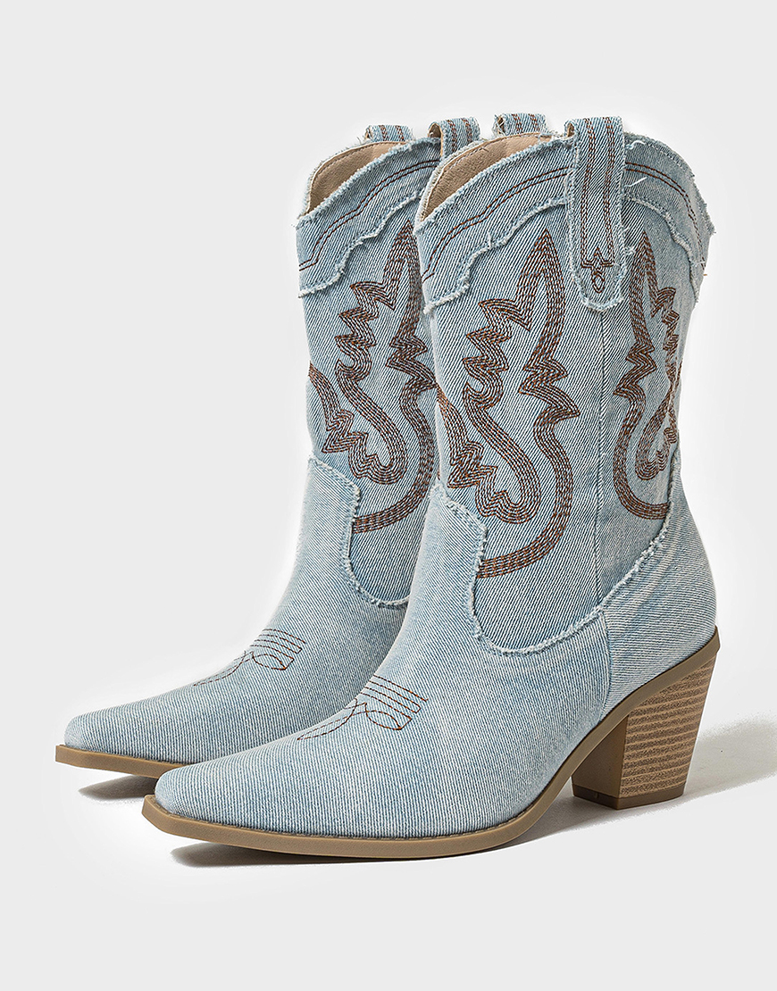 Light Blue Embroidered Mid Calf Chunky Heel Cowgirl Boots