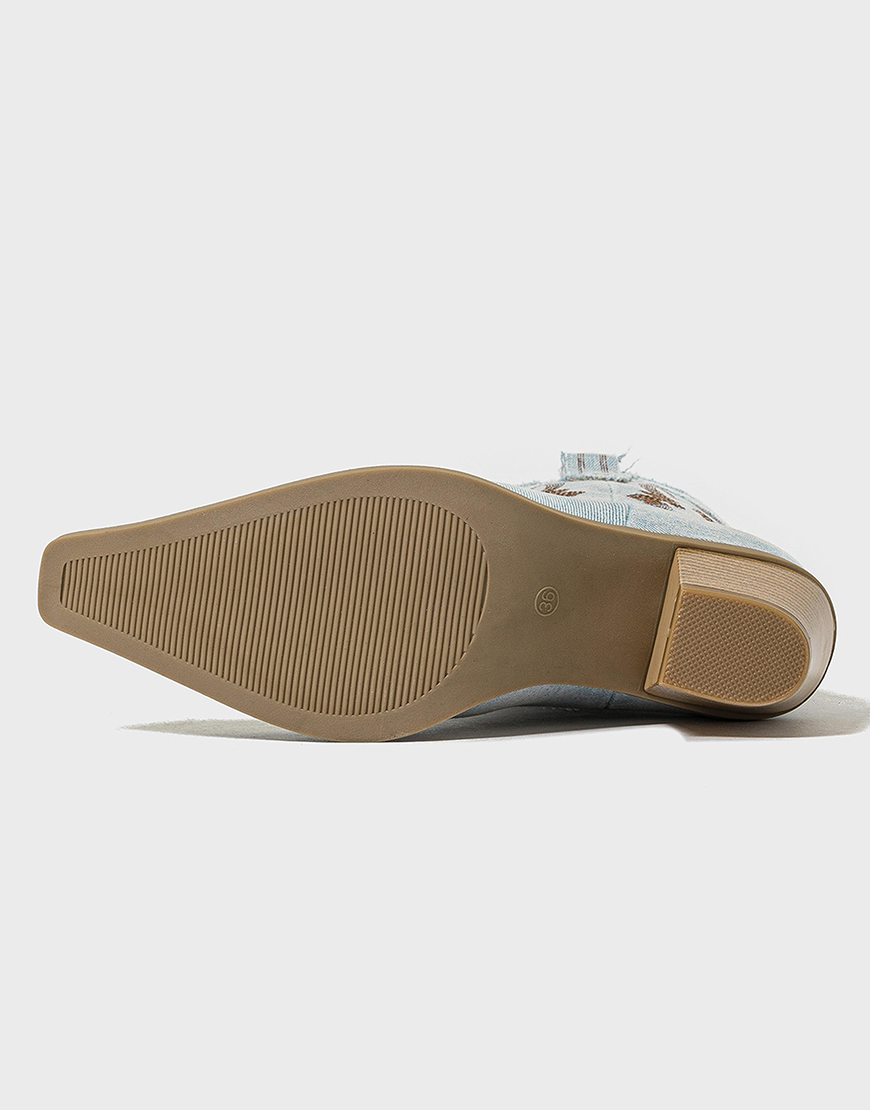 Light Blue Embroidered Mid Calf Chunky Heel Cowgirl Boots