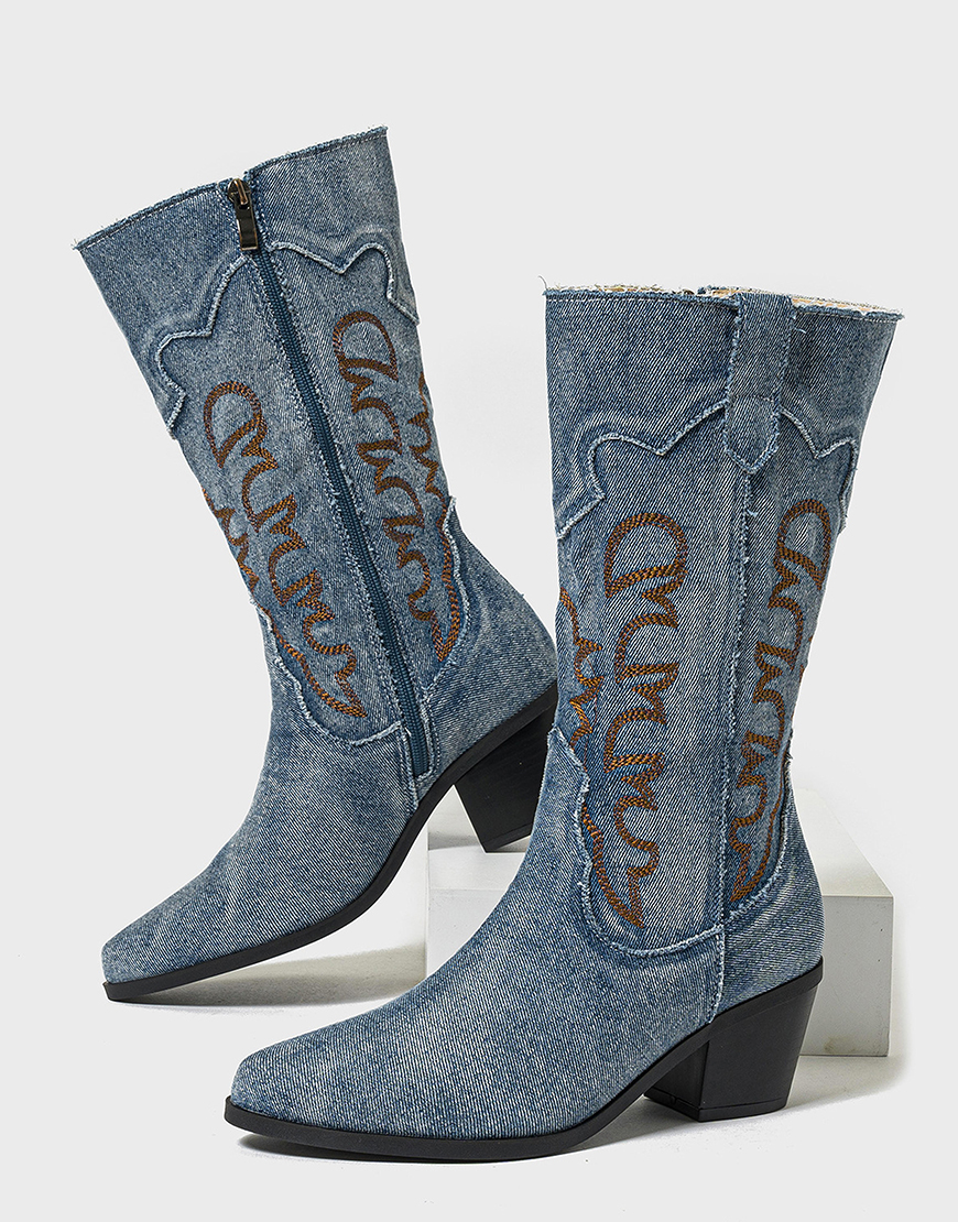 Light Blue Embroidered Wide Calf Chunky Heel Western Cowgirl Boots