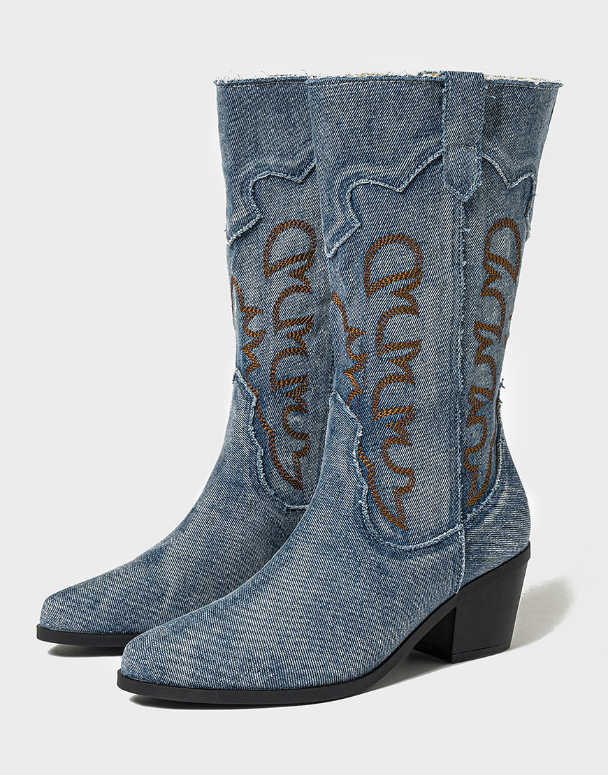 Light Blue Embroidered Wide Calf Chunky Heel Western Cowgirl Boots
