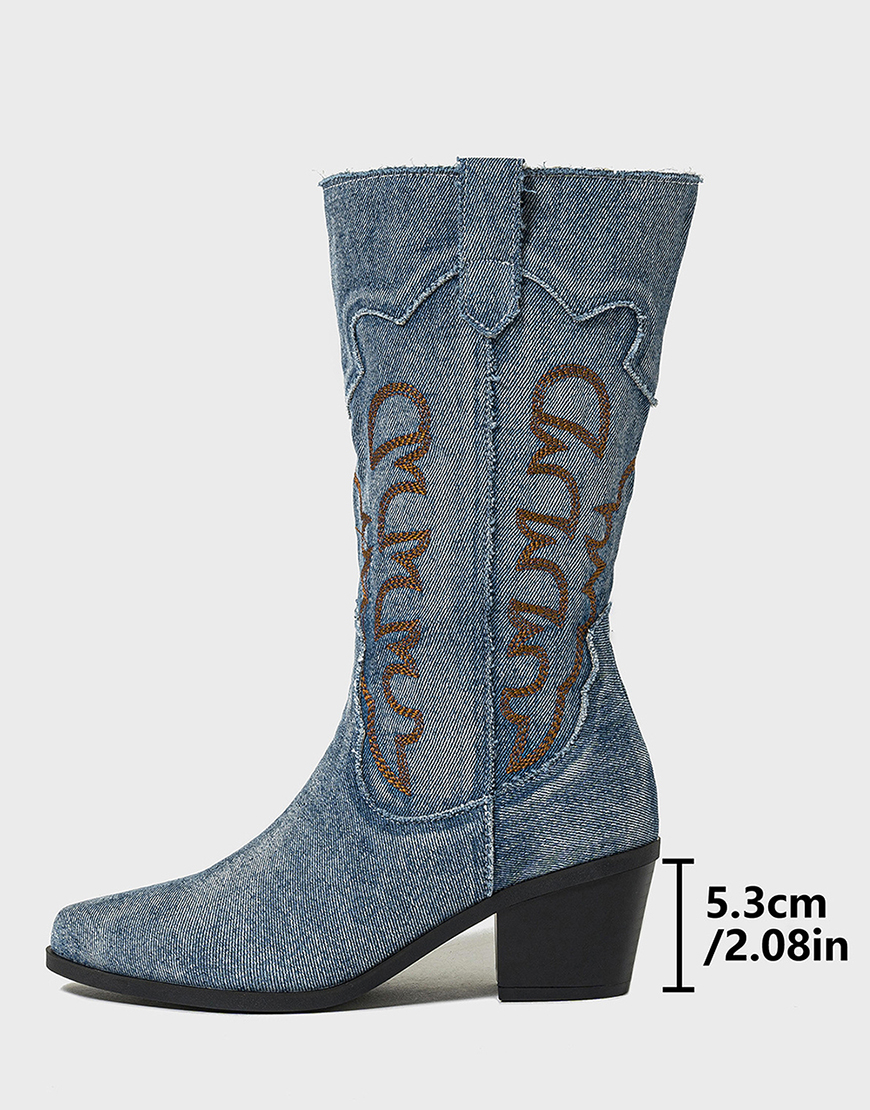 Light Blue Embroidered Wide Calf Chunky Heel Western Cowgirl Boots
