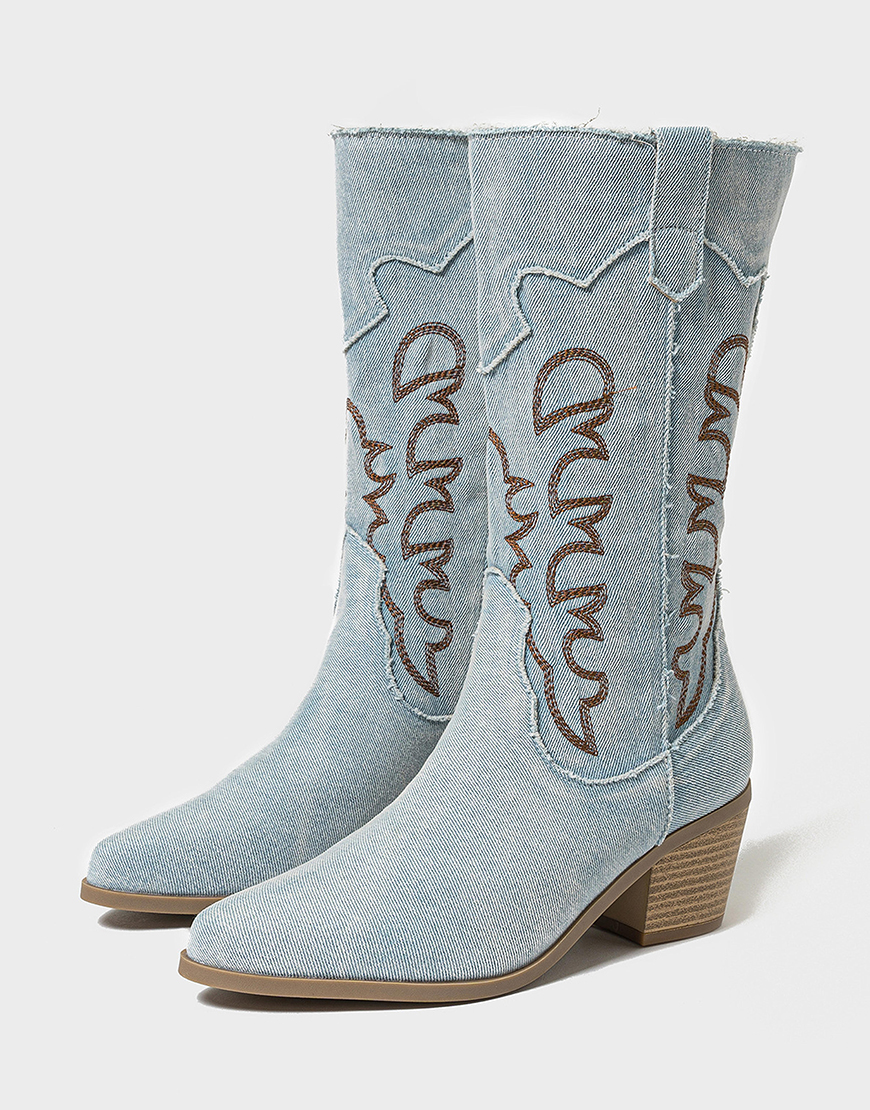 Light Blue Embroidered Wide Calf Chunky Heel Western Cowgirl Boots