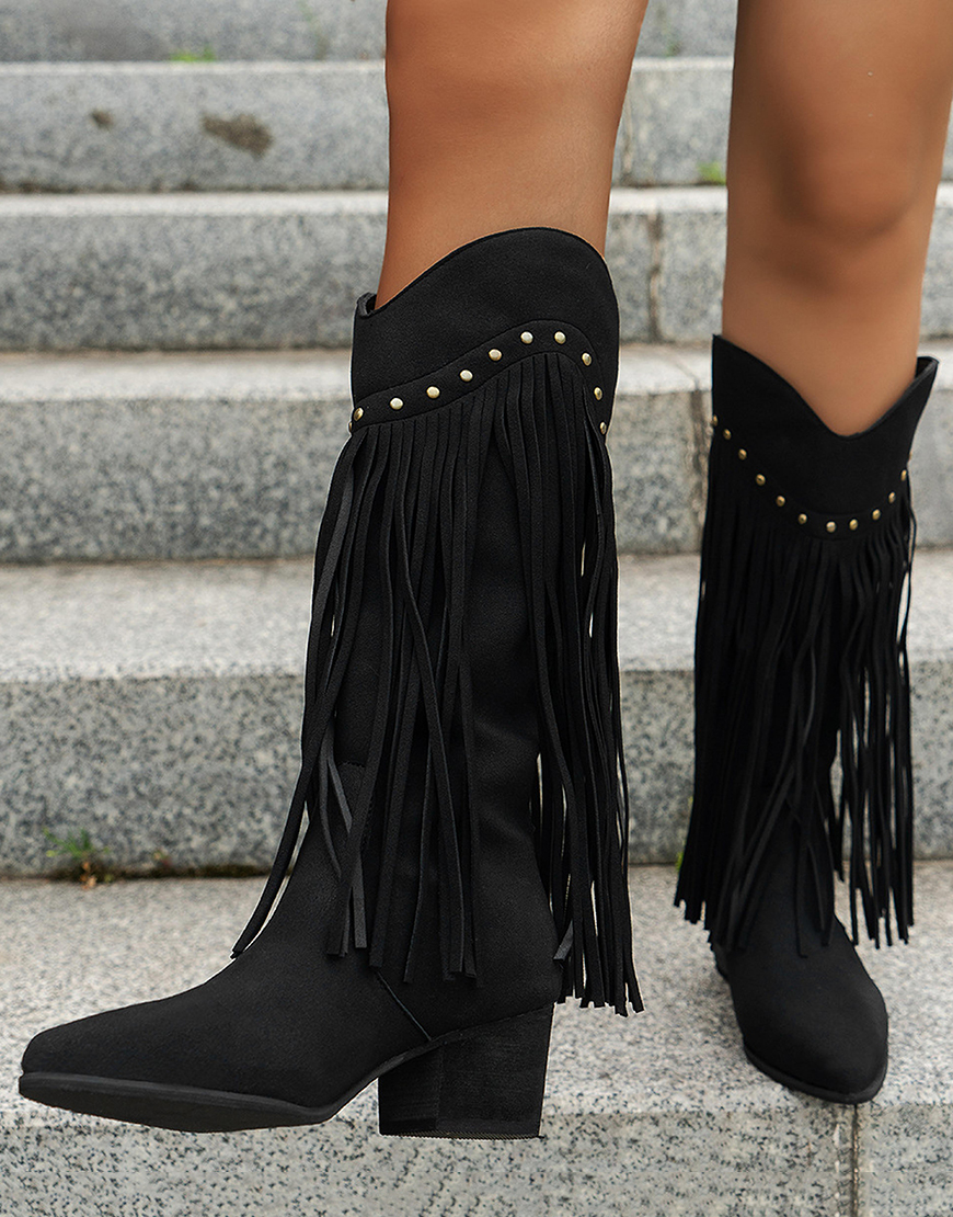 Black Mid Calf Chunky Heel Cowgirl Boots with Fringes