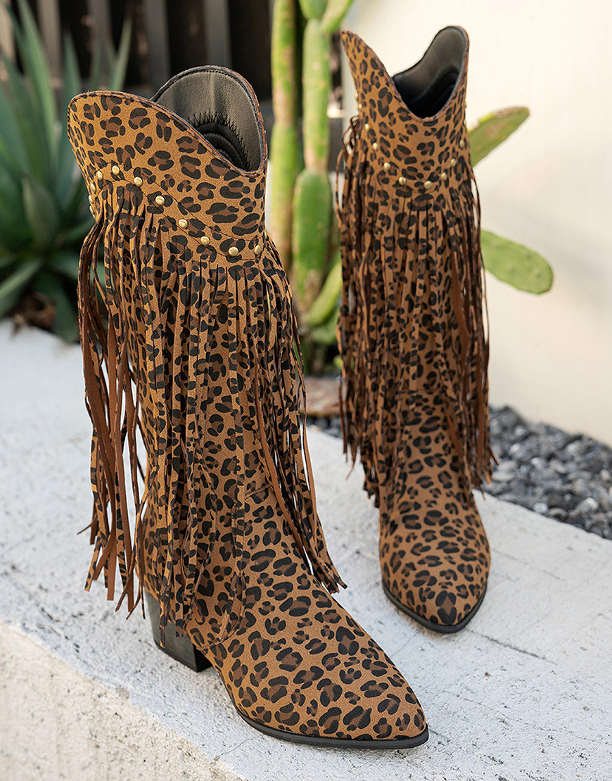 Black Mid Calf Chunky Heel Cowgirl Boots with Fringes