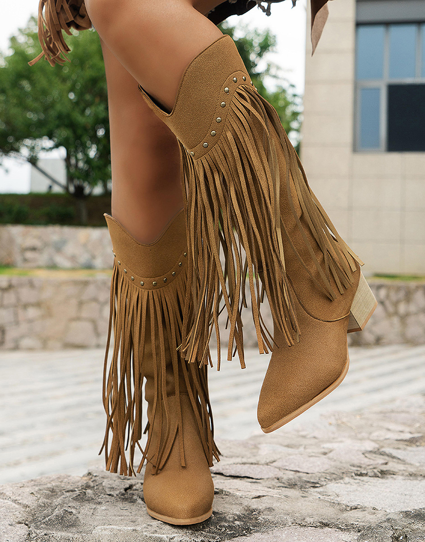 Black Mid Calf Chunky Heel Cowgirl Boots with Fringes