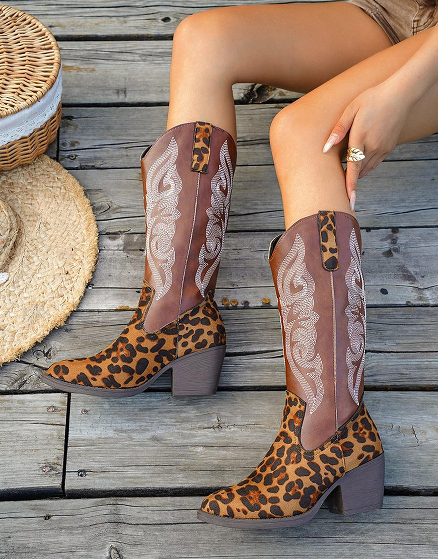 Brown Leopard Western Cowgirl Wide Calf Pointed Toe Chunky Heel Boots