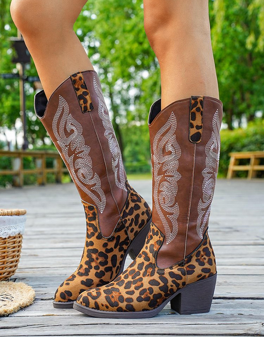 Brown Leopard Western Cowgirl Wide Calf Pointed Toe Chunky Heel Boots