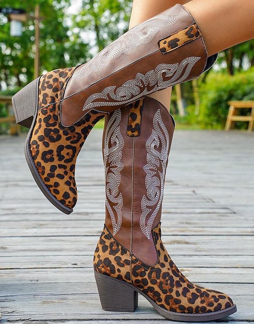 Brown Leopard Western Cowgirl Wide Calf Pointed Toe Chunky Heel Boots