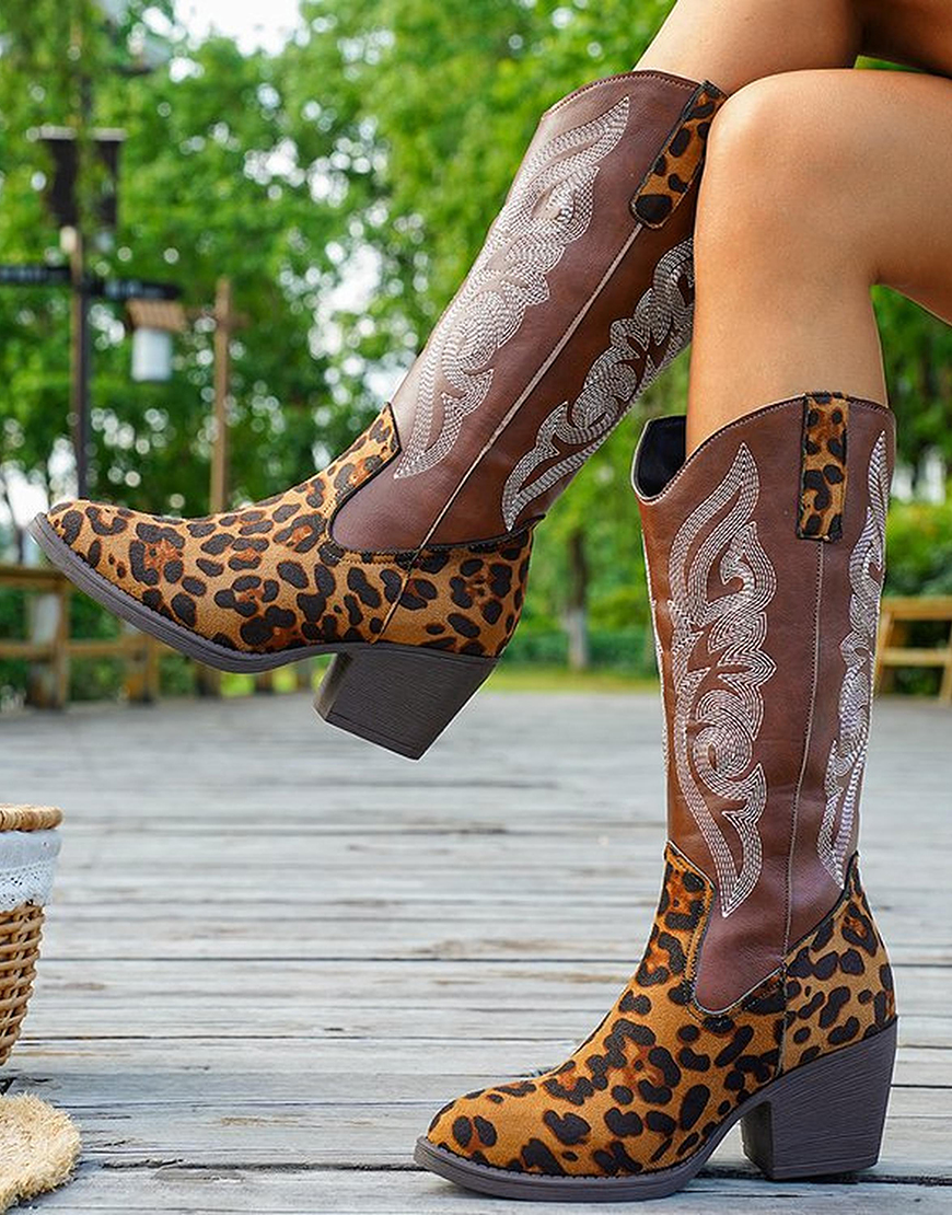 Brown Leopard Western Cowgirl Wide Calf Pointed Toe Chunky Heel Boots