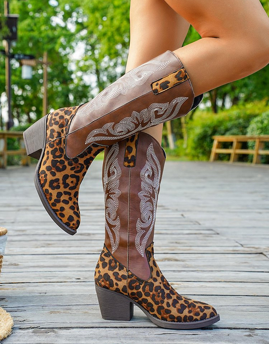 Brown Leopard Western Cowgirl Wide Calf Pointed Toe Chunky Heel Boots