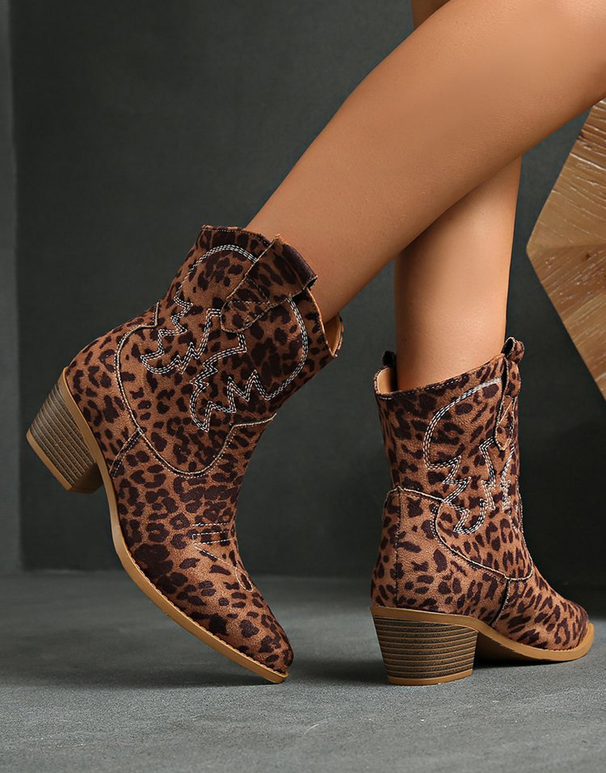 Brown Leopard Pointed Toe Wide Calf Cowgirl Chunky Heel Ankle Boots