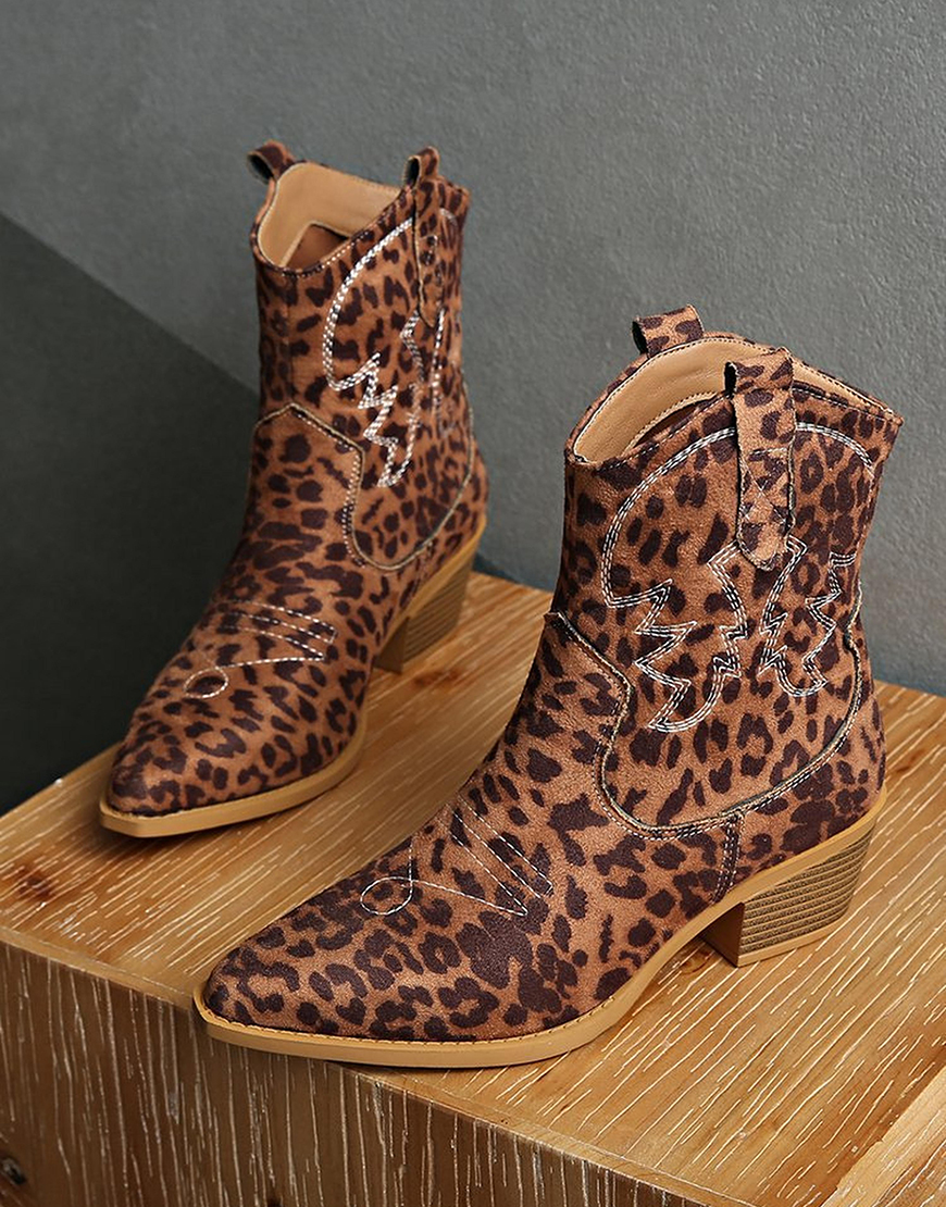 Brown Leopard Pointed Toe Wide Calf Cowgirl Chunky Heel Ankle Boots