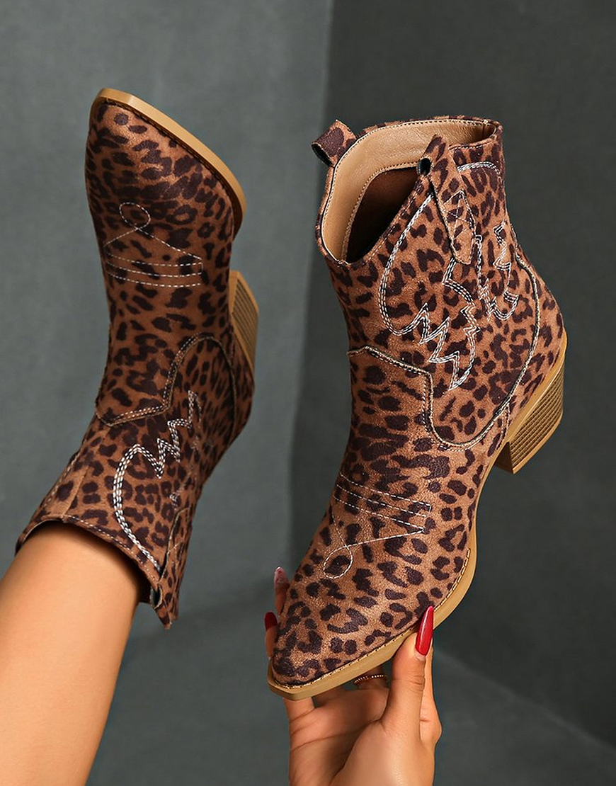 Brown Leopard Pointed Toe Wide Calf Cowgirl Chunky Heel Ankle Boots