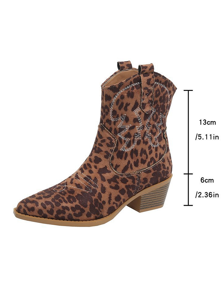Brown Leopard Pointed Toe Wide Calf Cowgirl Chunky Heel Ankle Boots