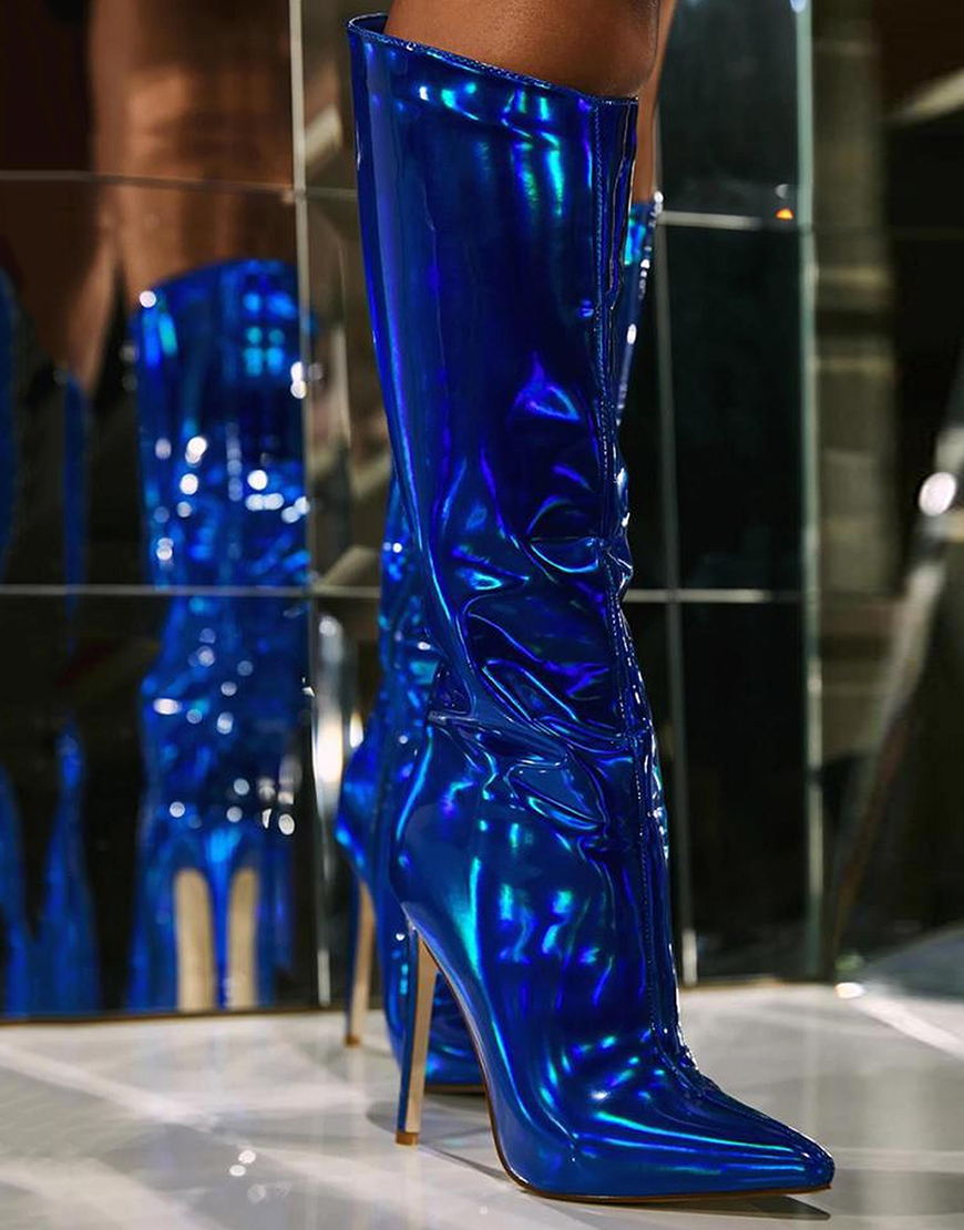 Sparkly Royal Blue Knee High Stiletto High Heel Boots