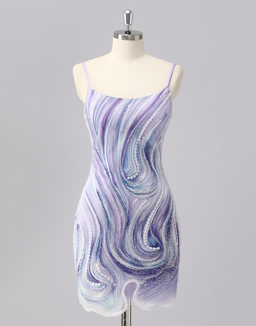 Sparkly Lilac Spaghetti Straps Tight Short Homecoming Dress with Beading