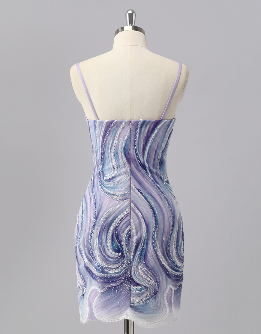 Sparkly Lilac Spaghetti Straps Tight Short Homecoming Dress with Beading