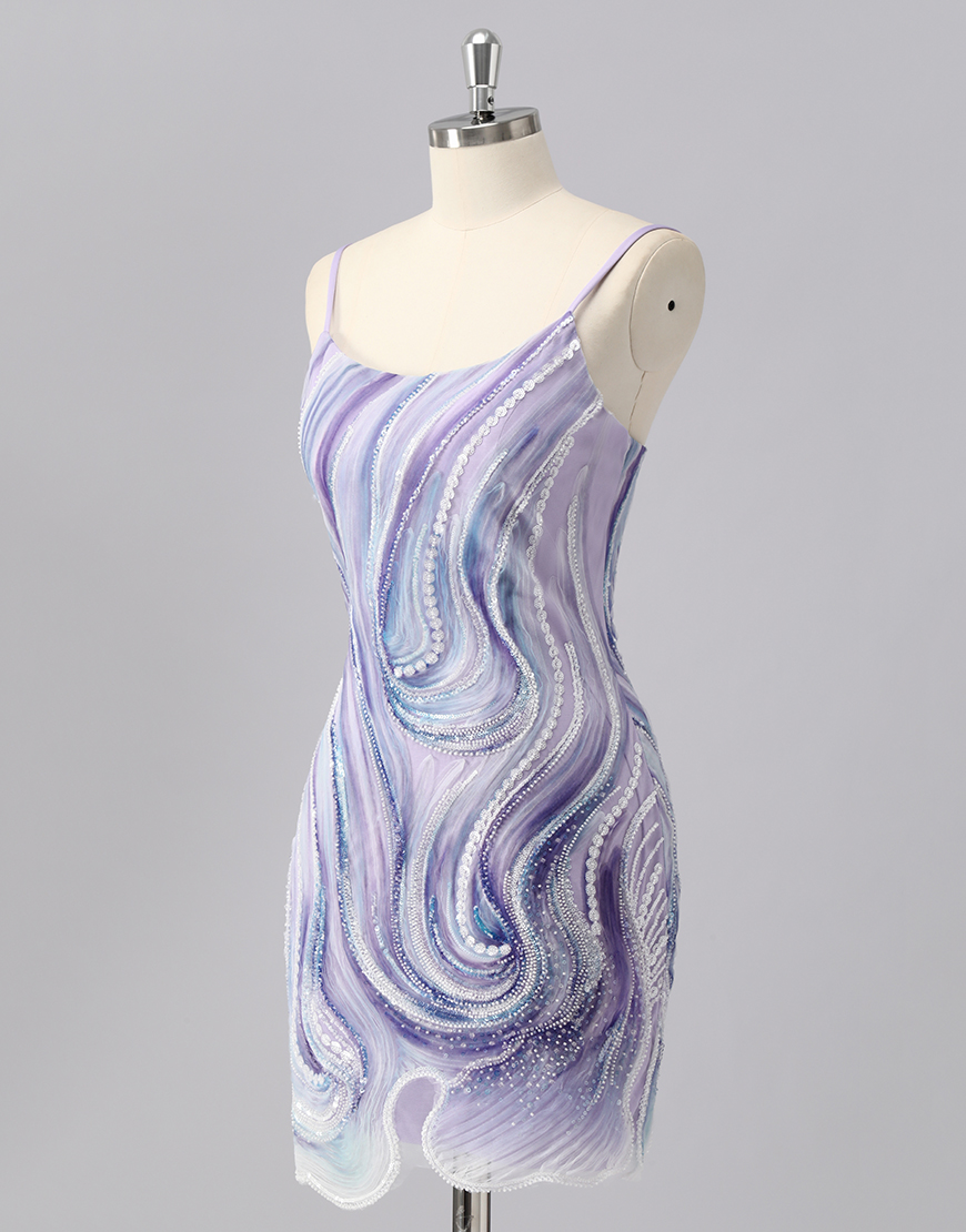 Sparkly Lilac Spaghetti Straps Tight Short Homecoming Dress with Beading