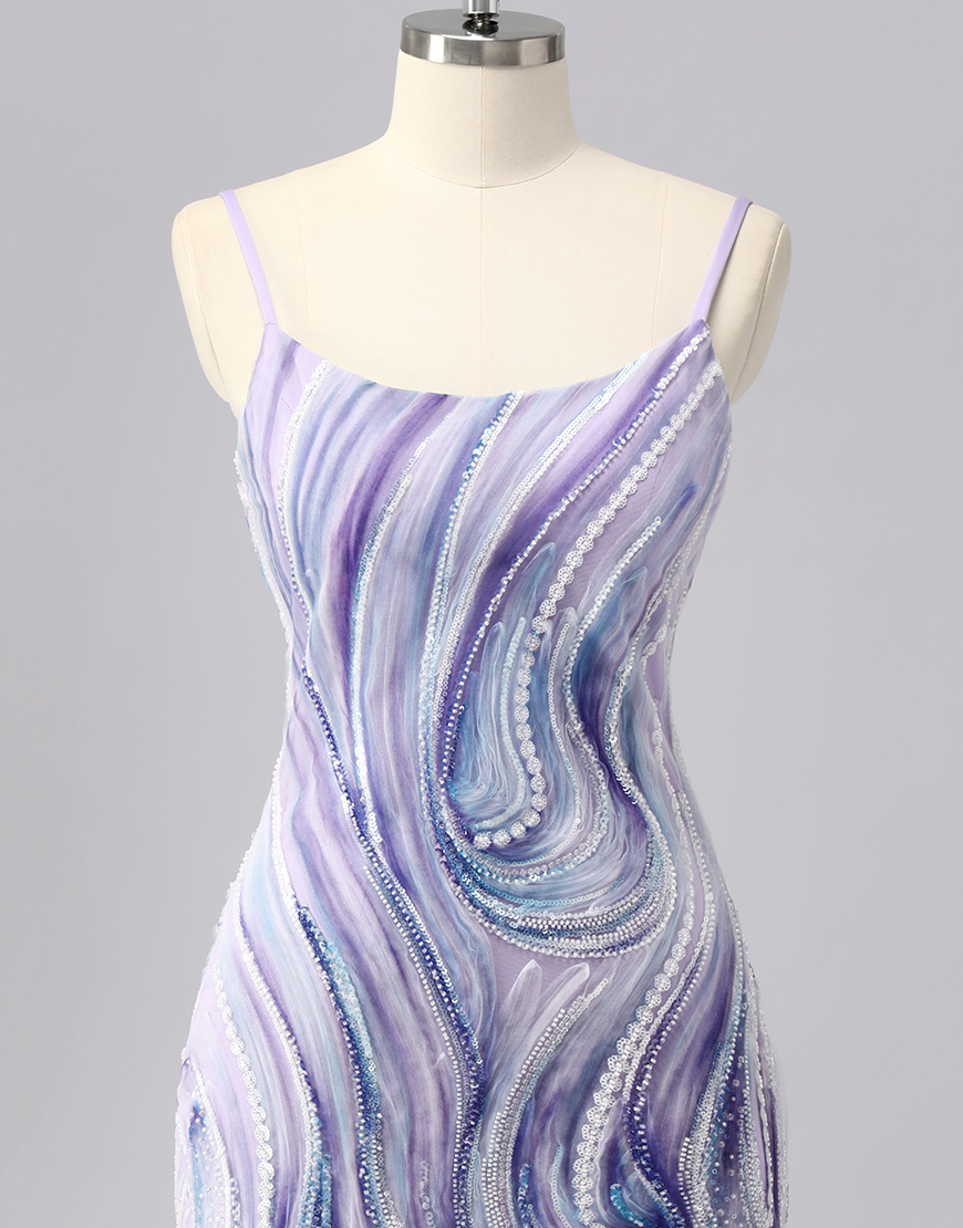 Sparkly Lilac Spaghetti Straps Tight Short Homecoming Dress with Beading