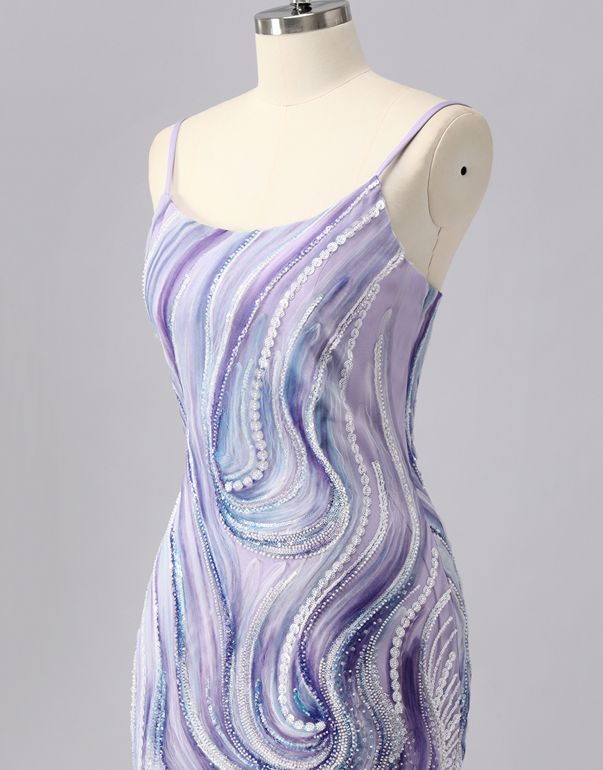 Sparkly Lilac Spaghetti Straps Tight Short Homecoming Dress with Beading